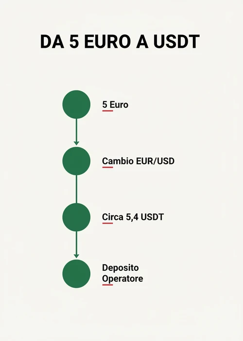 Icona di una moneta USDT con il numero 5 e simboli di casinò sullo sfondo